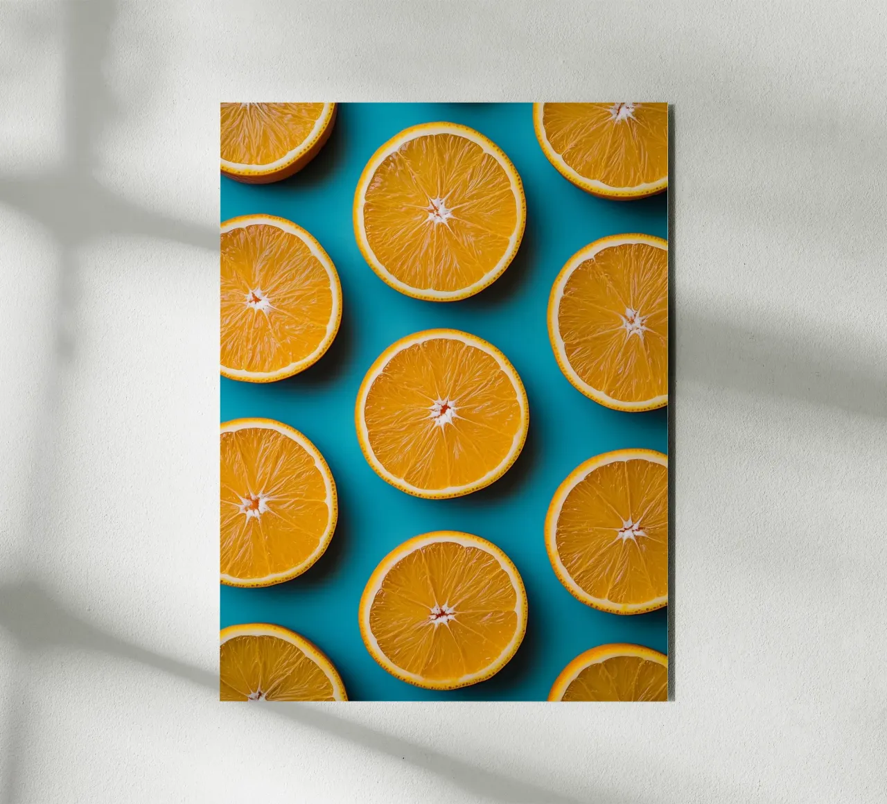Sliced oranges on a turquoise background alu-dibond by Spice & Style