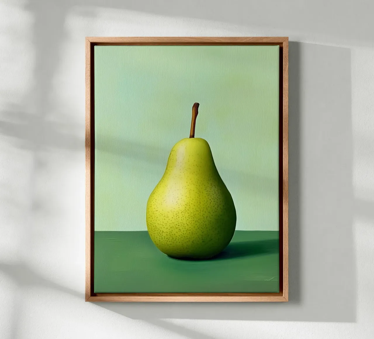 Minimalist pear on a green background canvas with Floater frame by Spice & Style