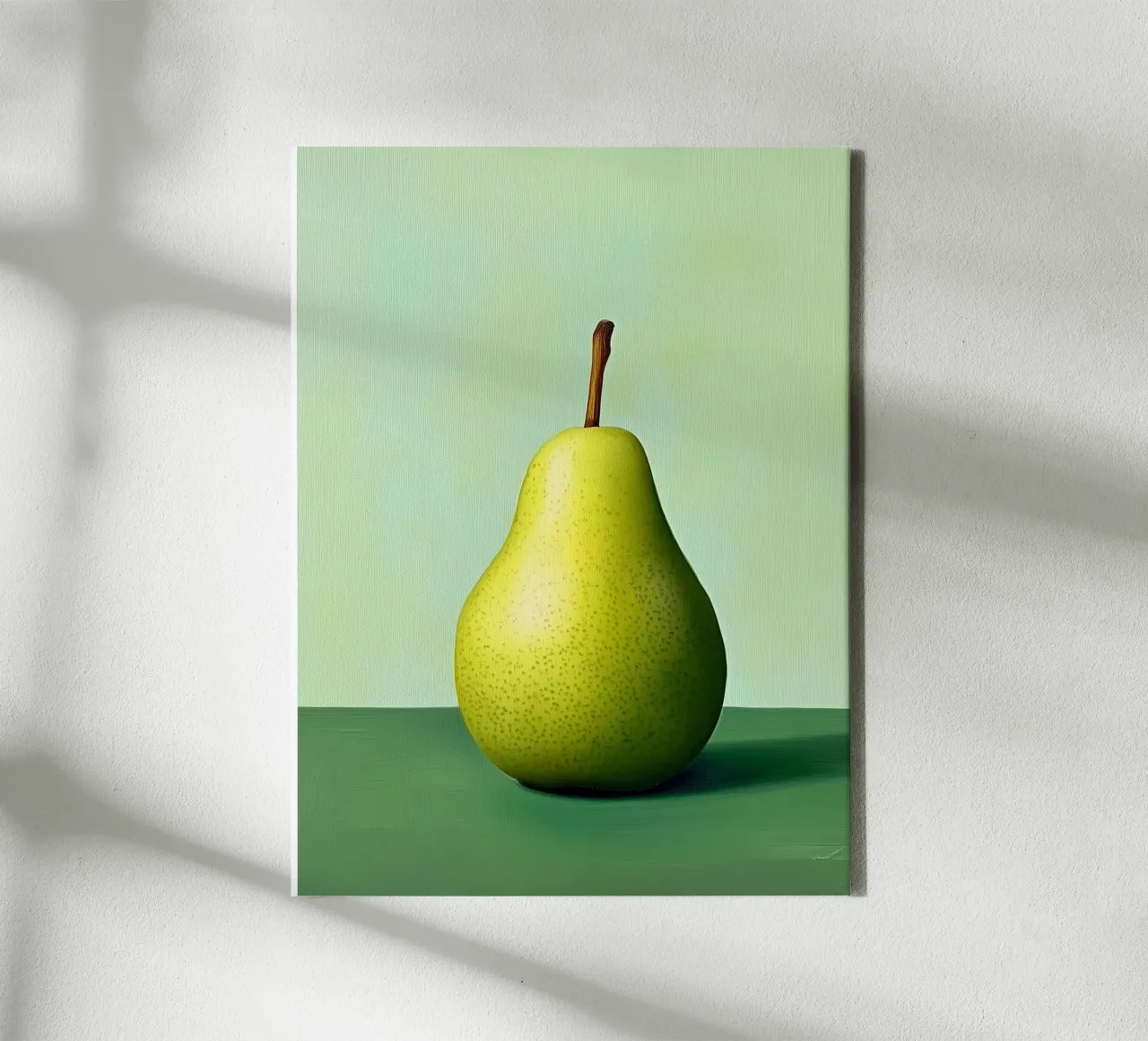 Minimalist pear on a green background canvas with Floater frame by Spice & Style