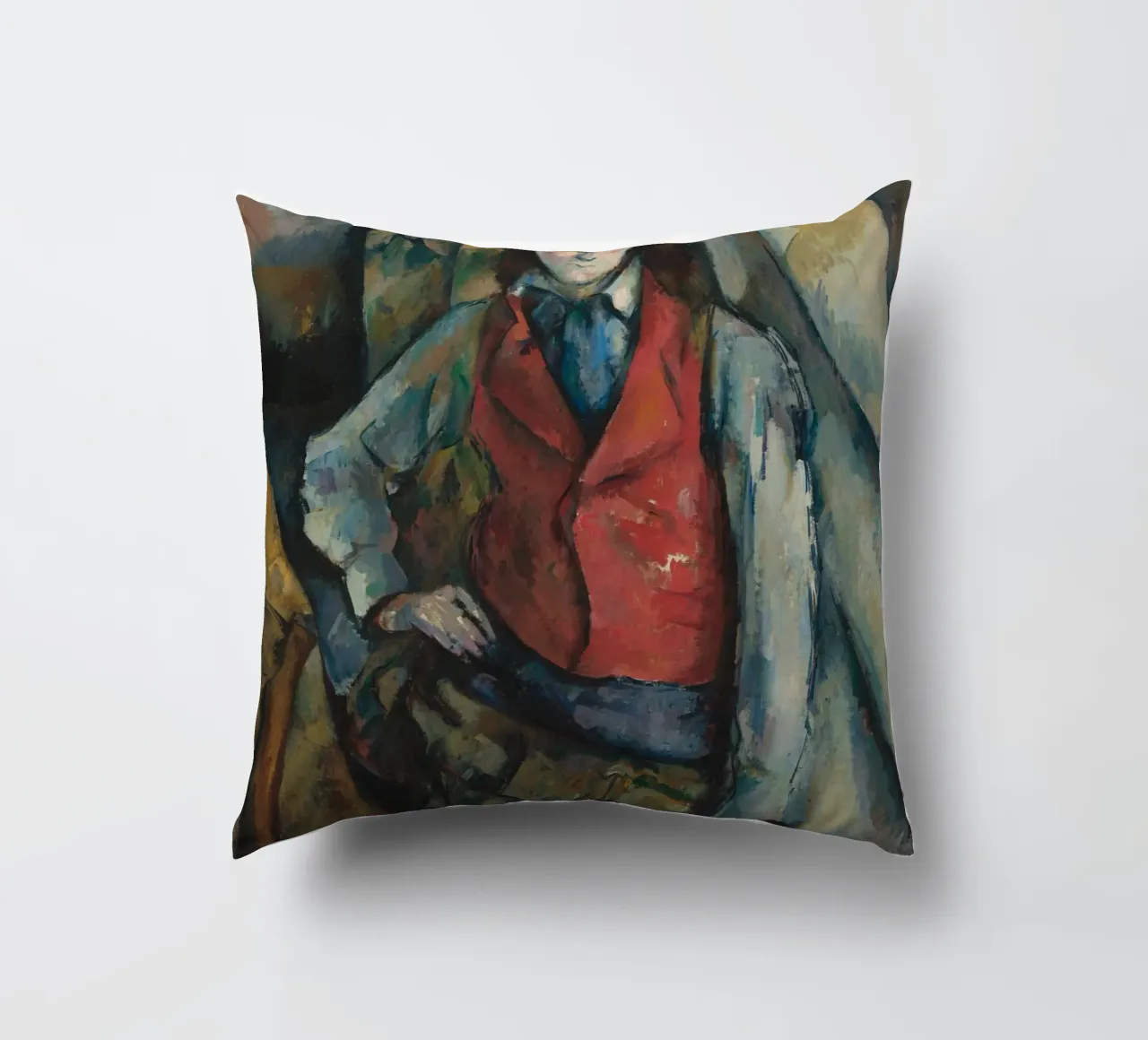 Paul Cézanne - Ragazzo con gilet rosso cuscino da Timeless Artworks