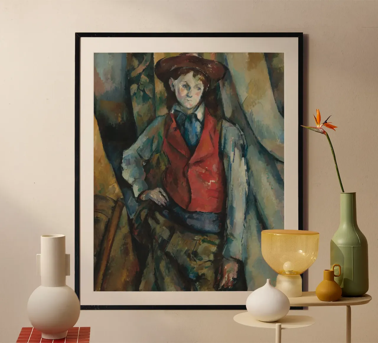 Paul Cézanne - Ragazzo con gilet rosso poster con telaio in legno da Timeless Artworks