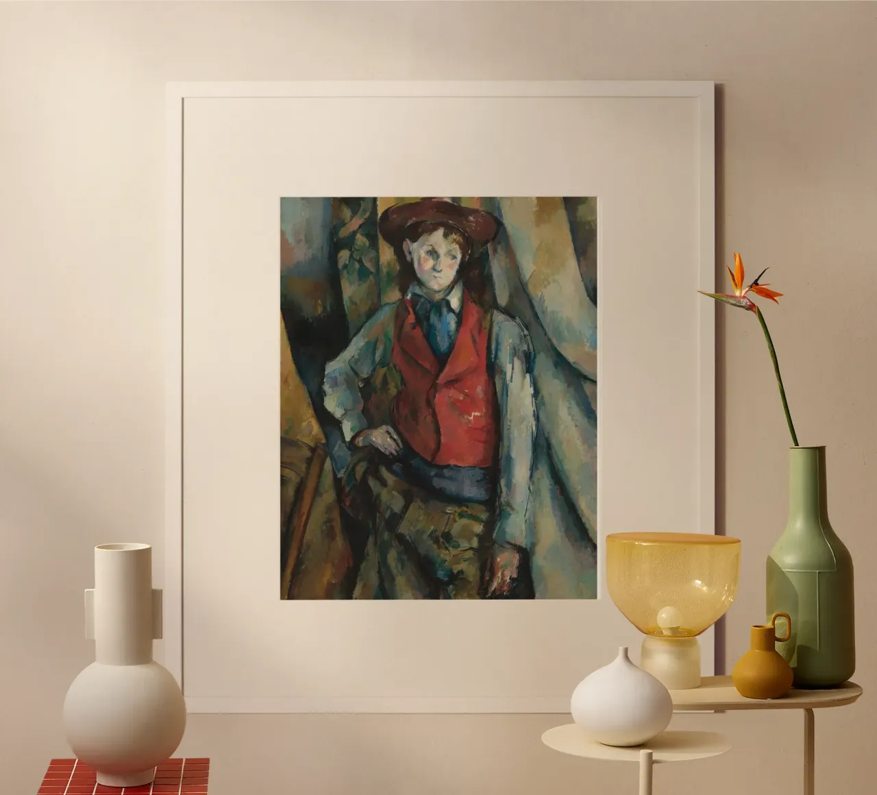 Paul Cézanne - Ragazzo con gilet rosso poster con telaio in legno da Timeless Artworks