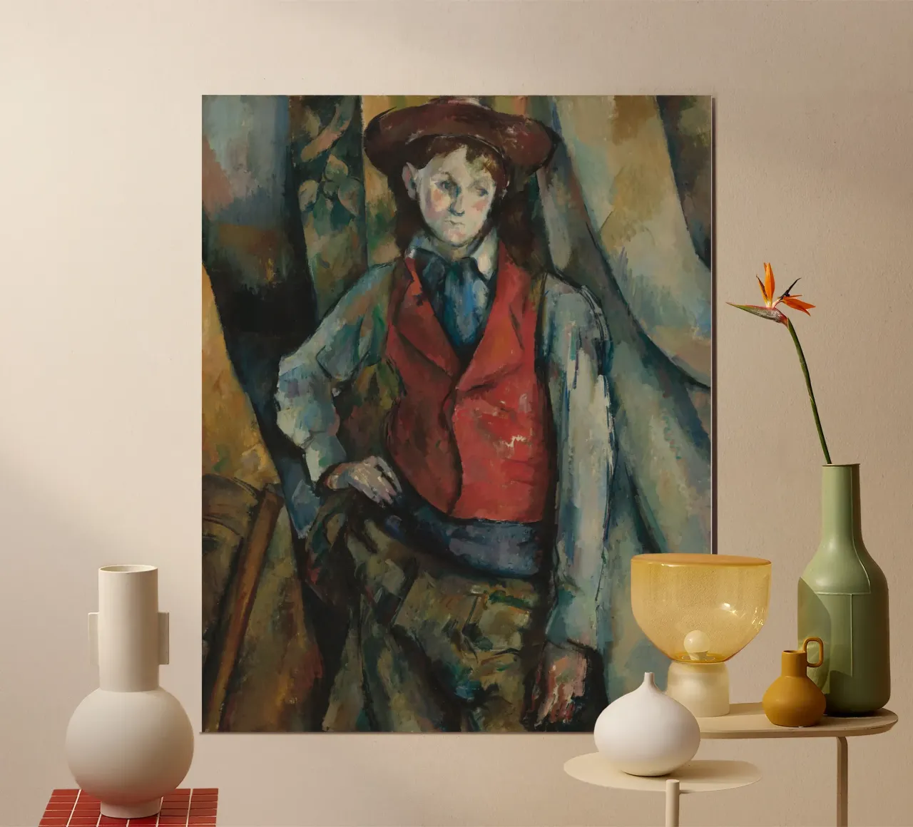 Paul Cézanne - Ragazzo con gilet rosso poster con telaio in legno da Timeless Artworks