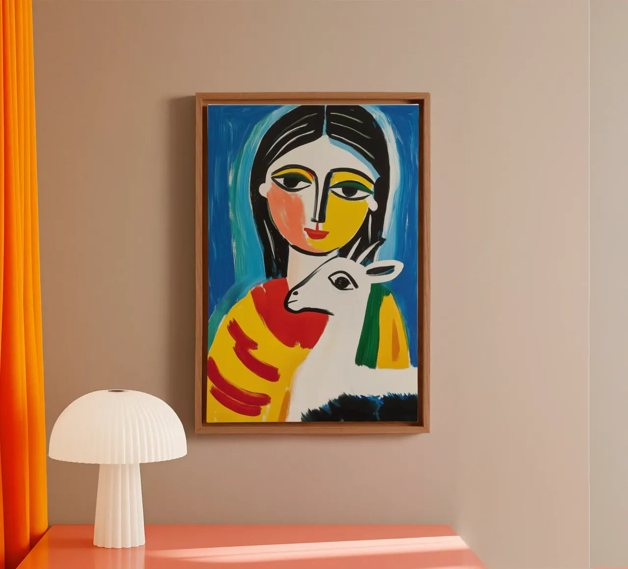 Donna con capretta | Pittura naïf tela con Cornice a cassetta da Autofocus