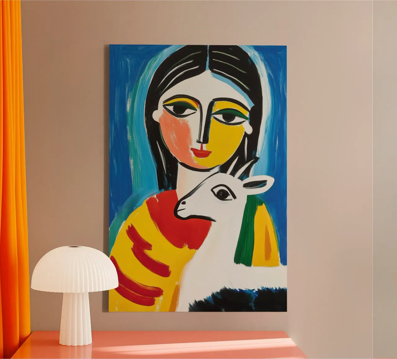 Donna con capretta | Pittura naïf tela con Cornice a cassetta da Autofocus