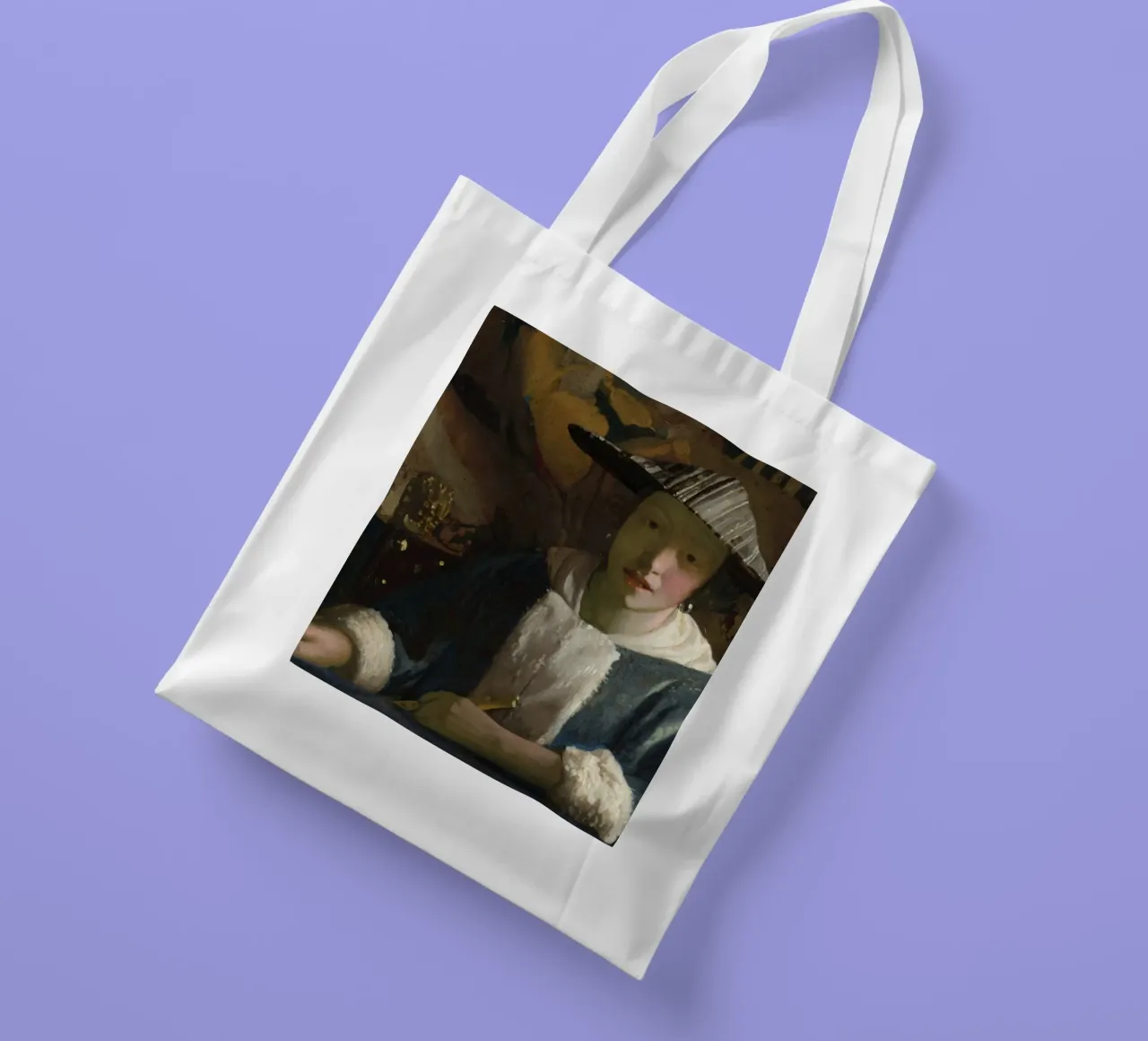 Attribuito a Johannes Vermeer, Ragazza con flauto borsa in juta da Timeless Artworks