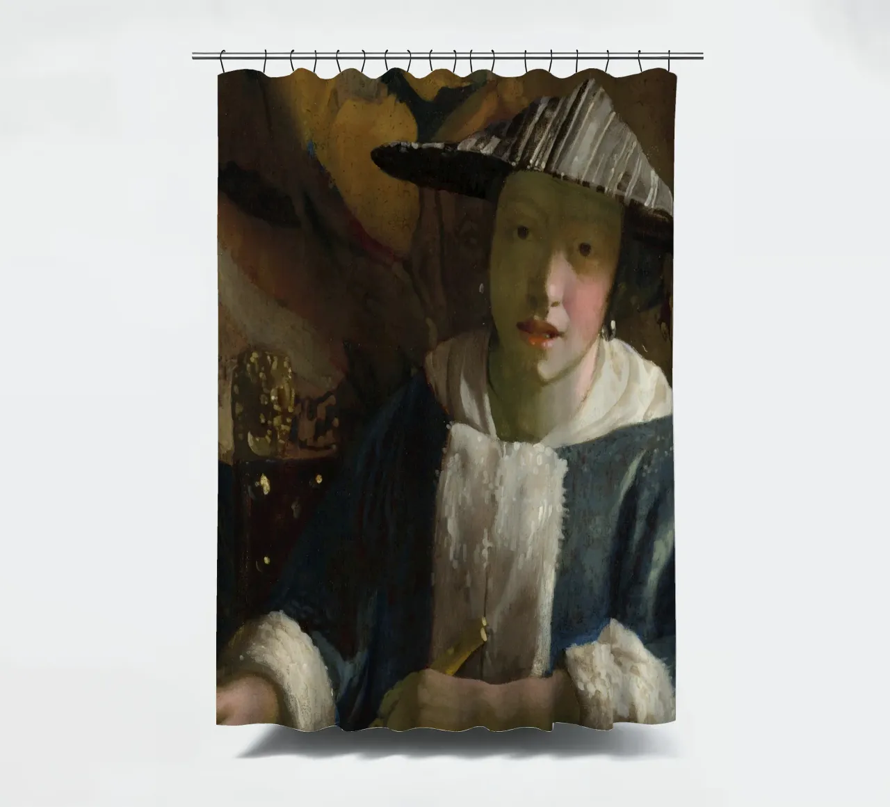 Attribuito a Johannes Vermeer, Ragazza con flauto tenda da doccia da Timeless Artworks