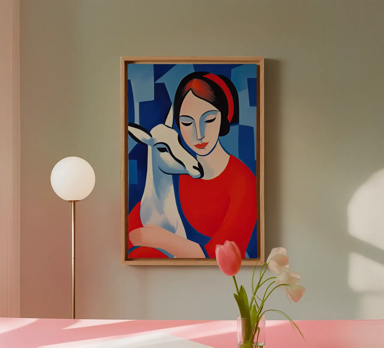 Retrato de una mujer con una cabra | Pintura Moderna lienzo con Marco flotante de Autofocus