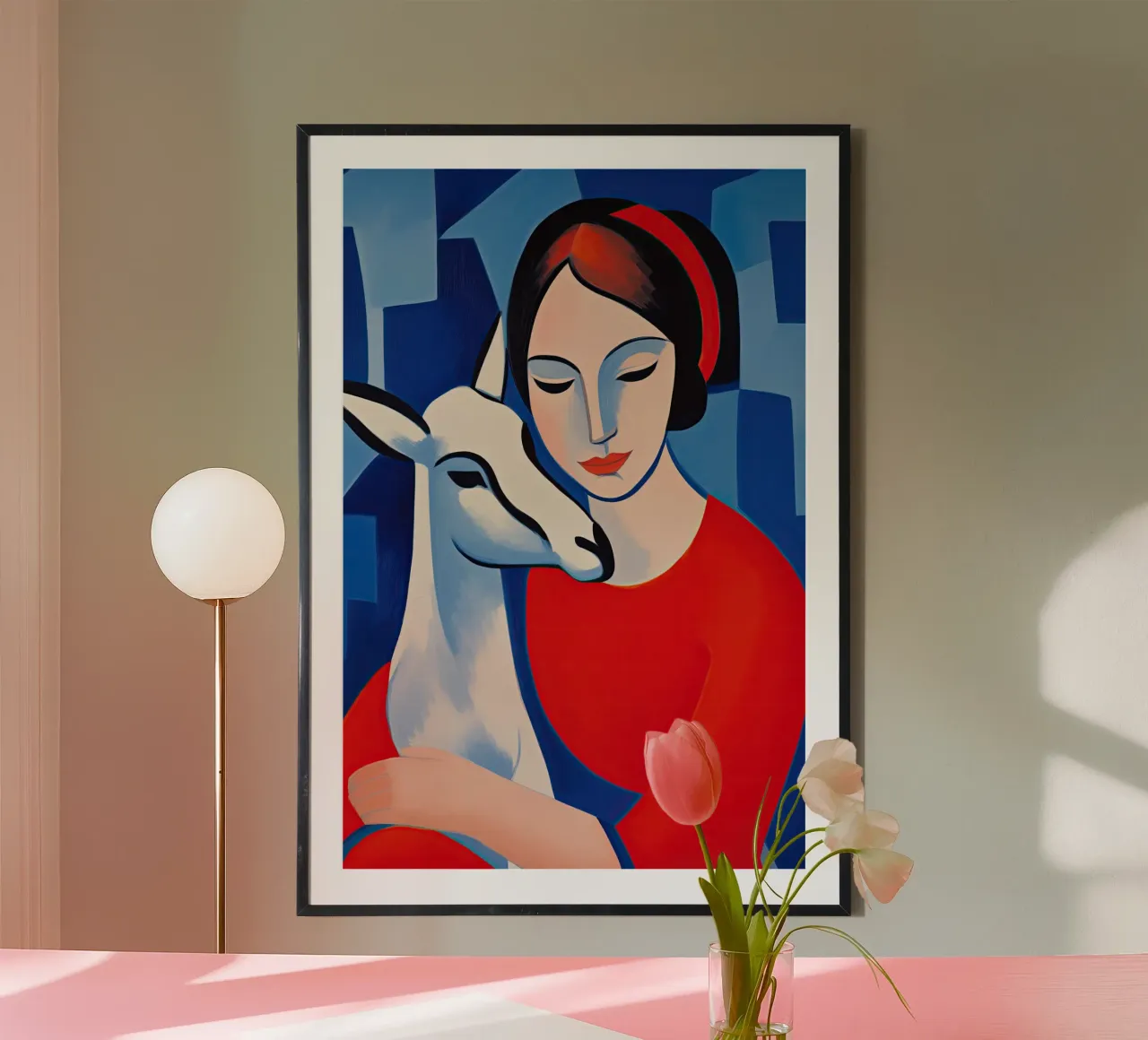 Ritratto di donna con capra | Pittura moderna poster con telaio in legno da Autofocus