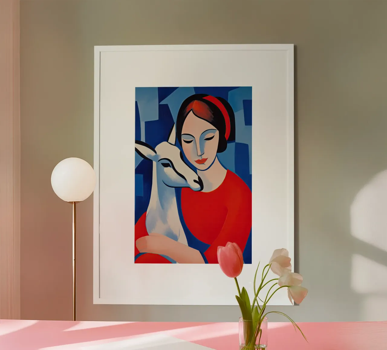 Ritratto di donna con capra | Pittura moderna poster con telaio in legno da Autofocus