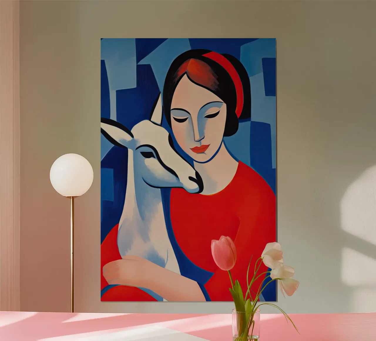 Ritratto di donna con capra | Pittura moderna poster con telaio in legno da Autofocus