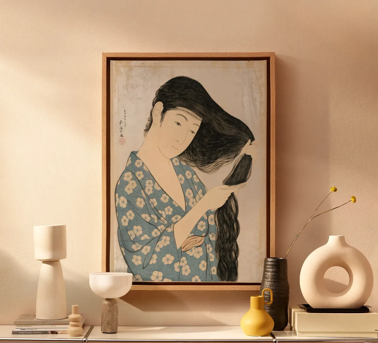 Ukiyo-e: Pittura giapponese -Donna che si pettina di Goyo tela con Cornice a cassetta da Aesthetic Muse