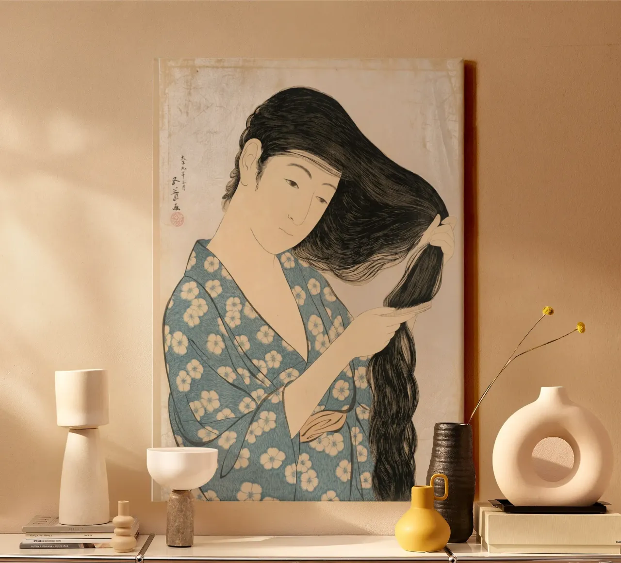 Ukiyo-e: Pittura giapponese -Donna che si pettina di Goyo tela con Cornice a cassetta da Aesthetic Muse