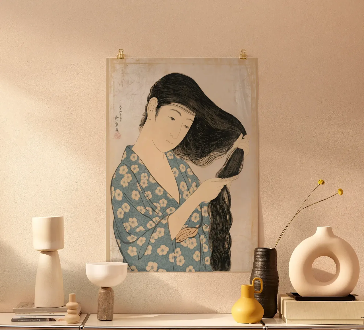Ukiyo-e: Pittura giapponese -Donna che si pettina di Goyo poster da Aesthetic Muse
