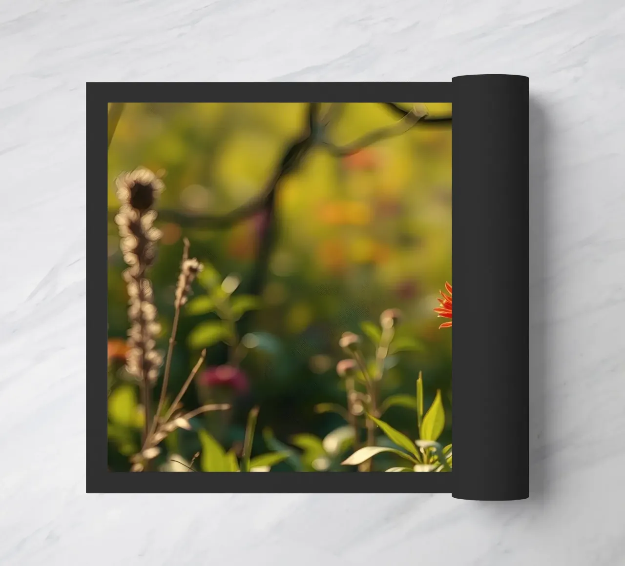 Fiori colorati sbocciano in un giardino sereno durante l'ora d'oro zerbino da DesignDoodle