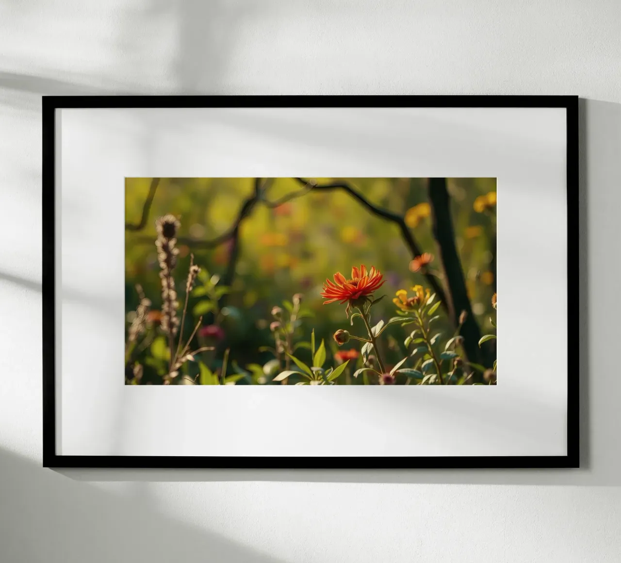 Fiori colorati sbocciano in un giardino sereno durante l'ora d'oro carta hahnemühle da DesignDoodle