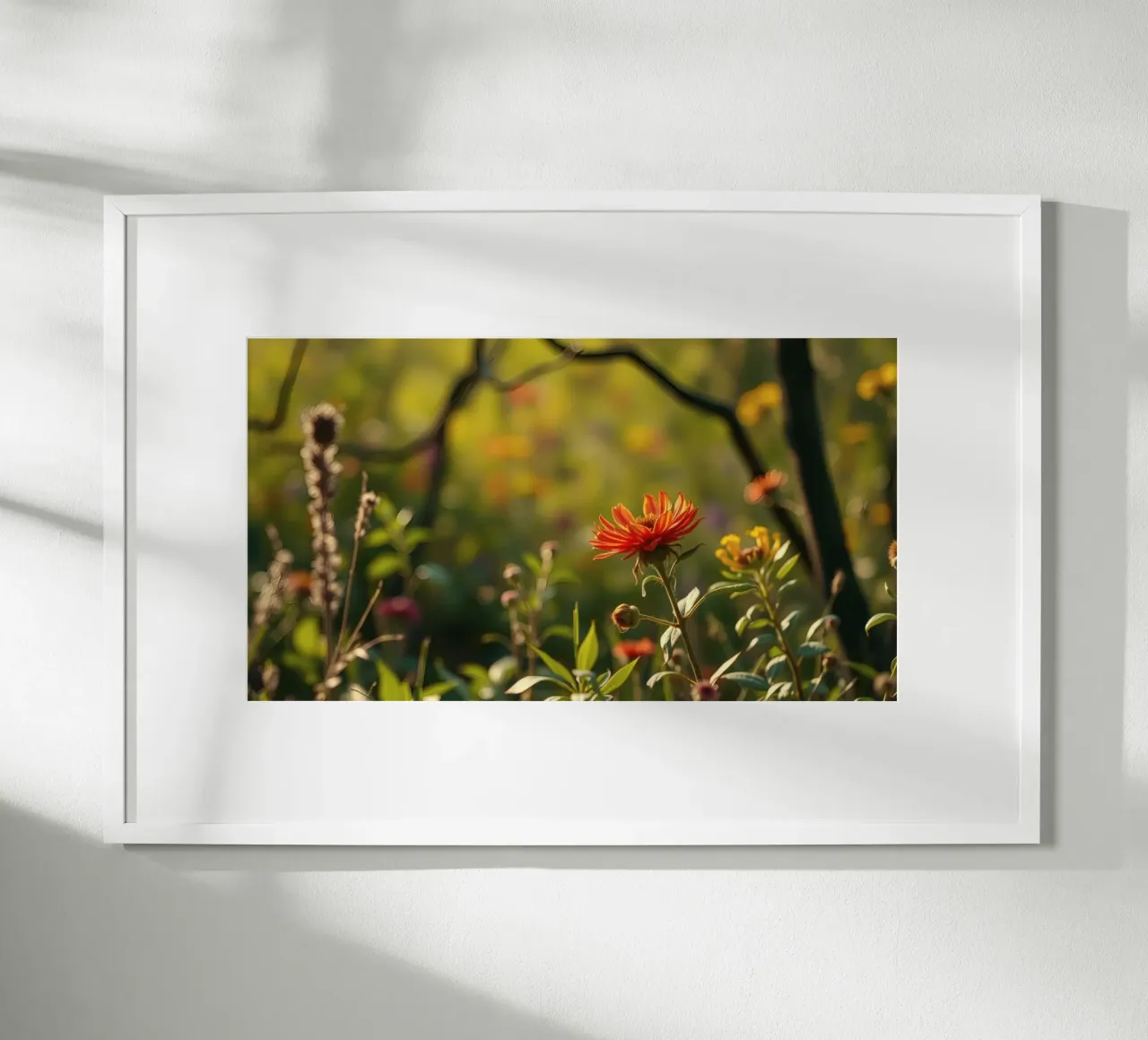 Fiori colorati sbocciano in un giardino sereno durante l'ora d'oro carta hahnemühle da DesignDoodle