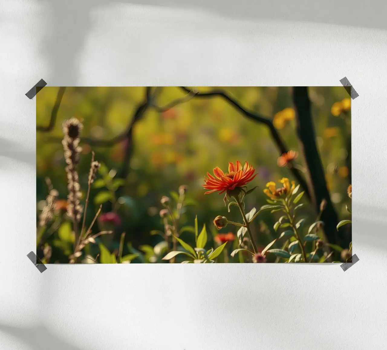 Fiori colorati sbocciano in un giardino sereno durante l'ora d'oro carta hahnemühle da DesignDoodle