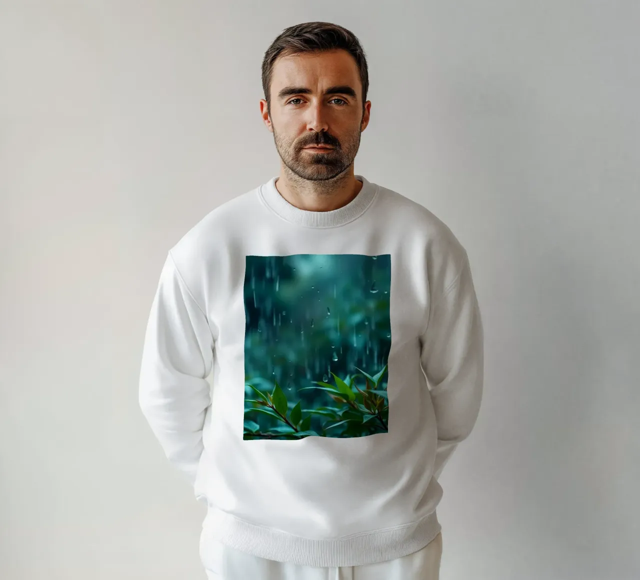 Una suave lluvia cae suavemente sobre las hojas verdes de un exuberante jardín sudadera de DesignDoodle