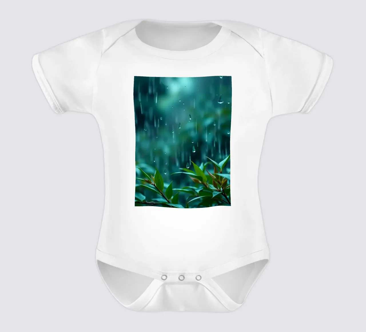 Une pluie douce tombe sur les feuilles vertes d'un jardin luxuriant. body bébé de DesignDoodle