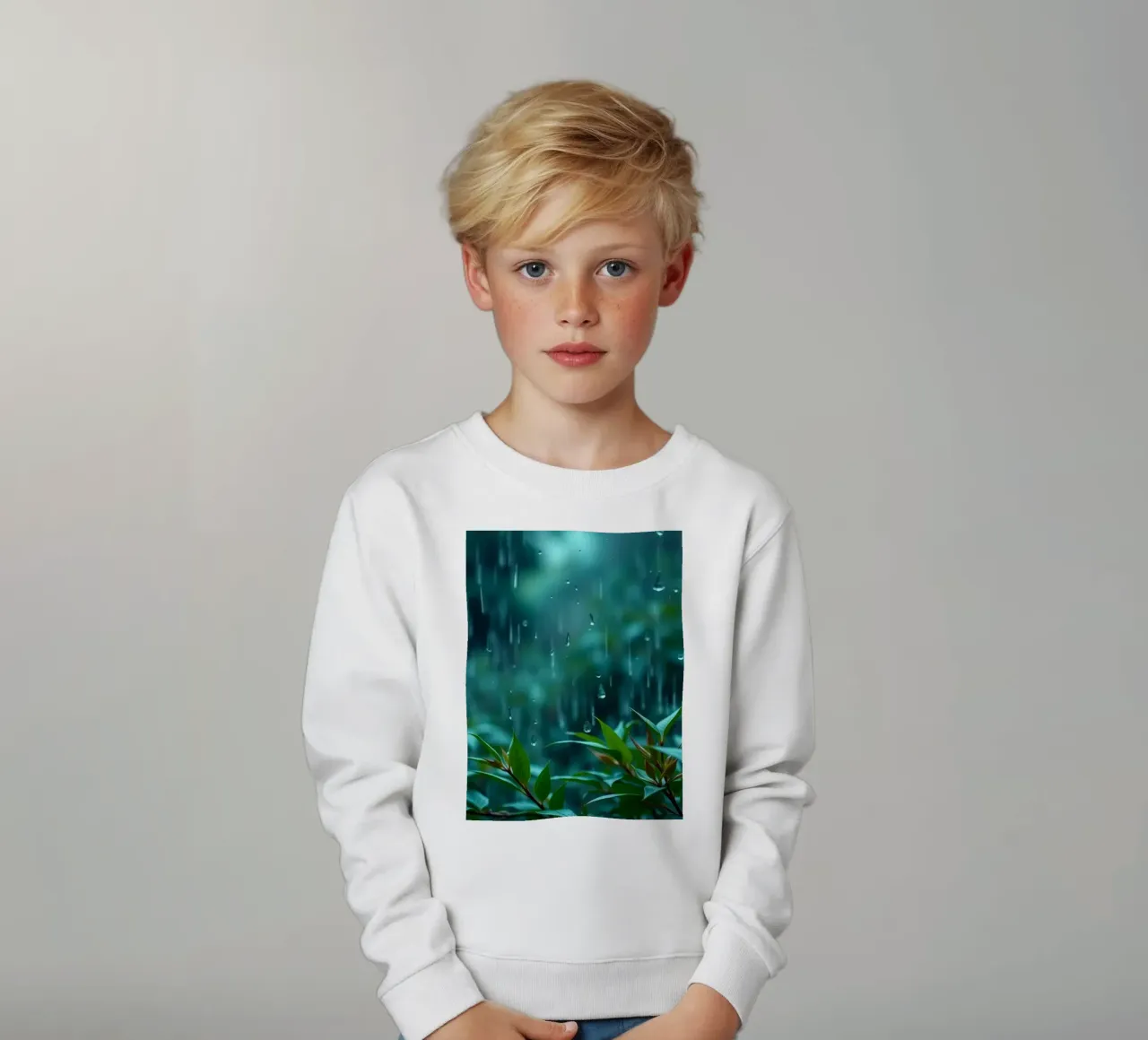 Una suave lluvia cae suavemente sobre las hojas verdes de un exuberante jardín sudadera para niño de DesignDoodle
