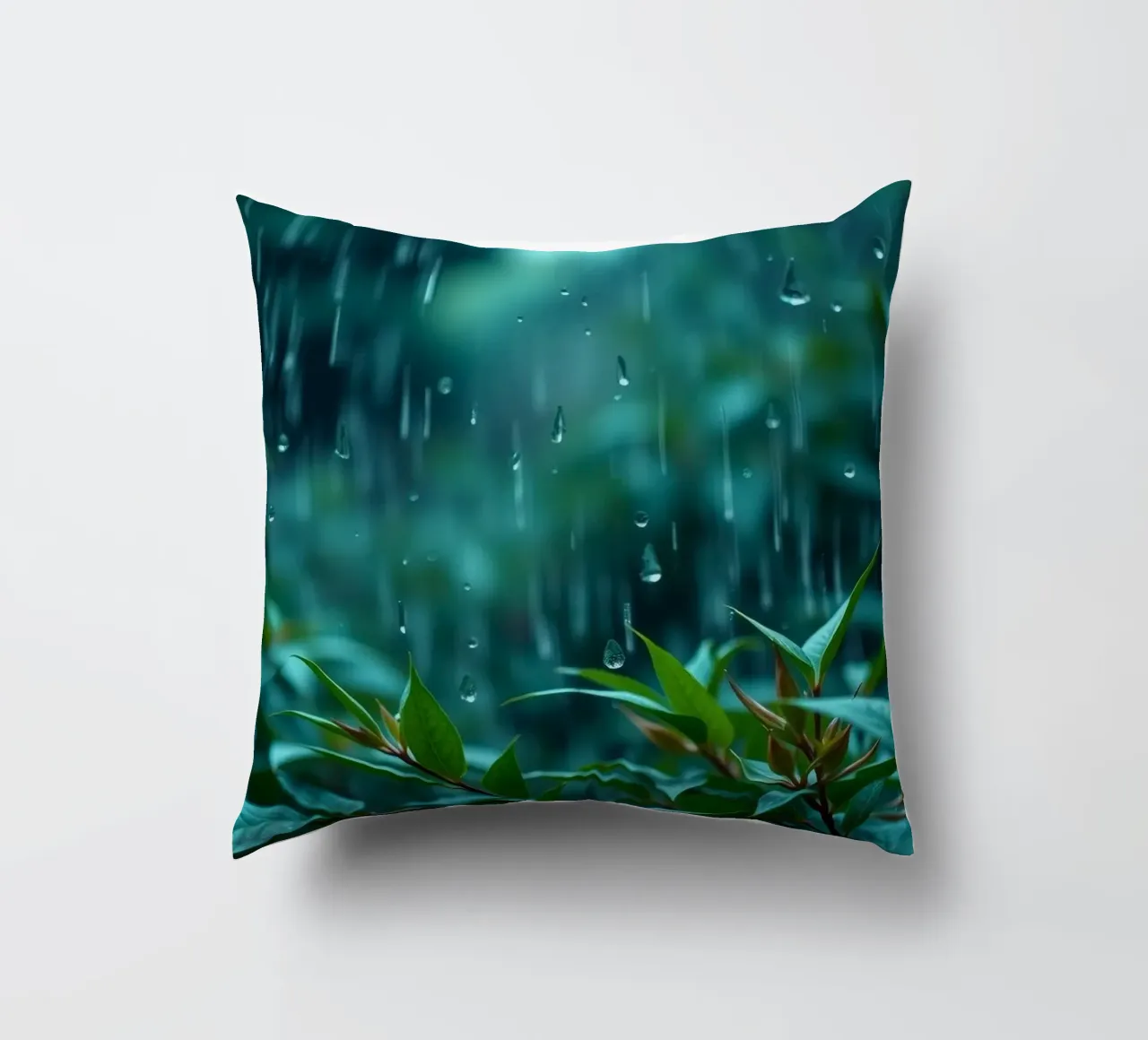 La pioggia cade dolcemente sulle foglie verdi di un giardino lussureggiante cuscino da DesignDoodle