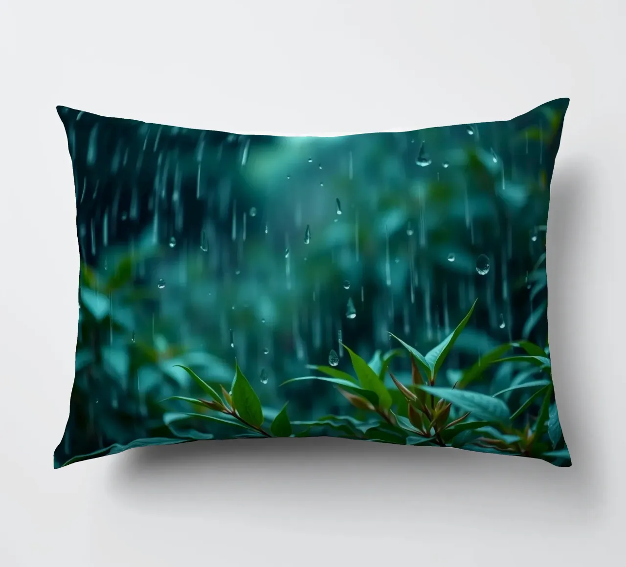 La pioggia cade dolcemente sulle foglie verdi di un giardino lussureggiante cuscino da DesignDoodle