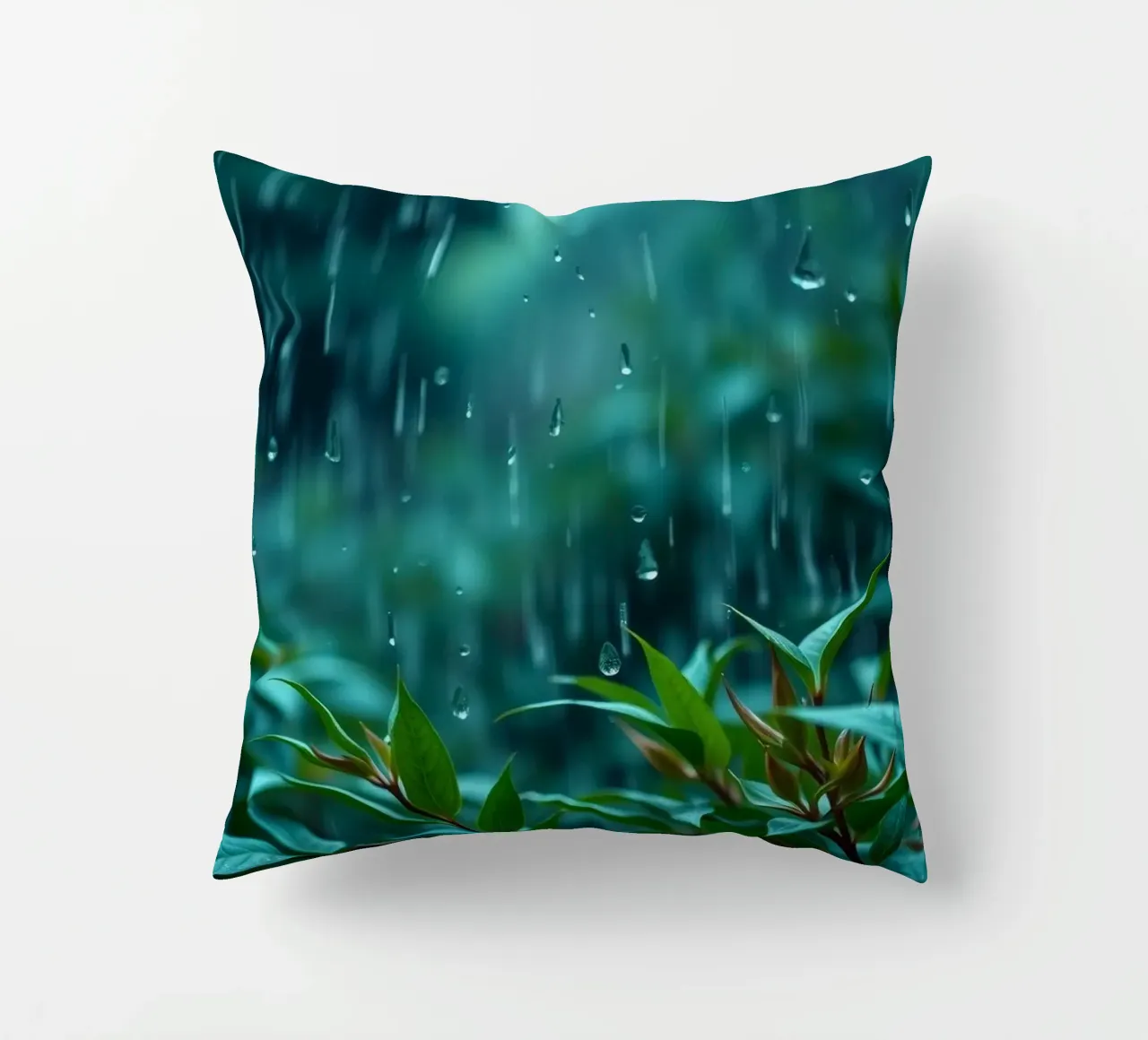 La pioggia cade dolcemente sulle foglie verdi di un giardino lussureggiante cuscino da DesignDoodle