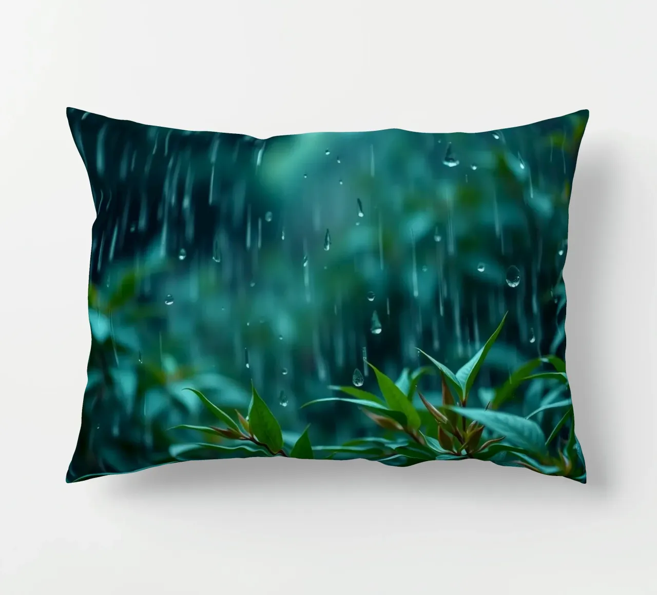 La pioggia cade dolcemente sulle foglie verdi di un giardino lussureggiante cuscino da DesignDoodle
