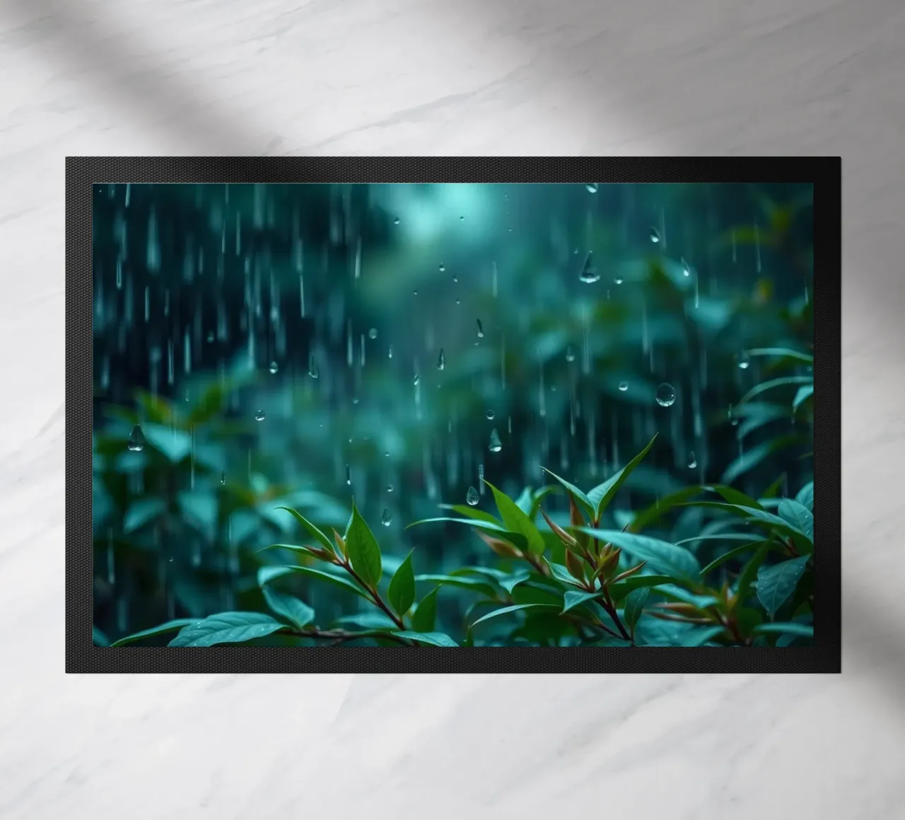 Una suave lluvia cae suavemente sobre las hojas verdes de un exuberante jardín felpudo de DesignDoodle