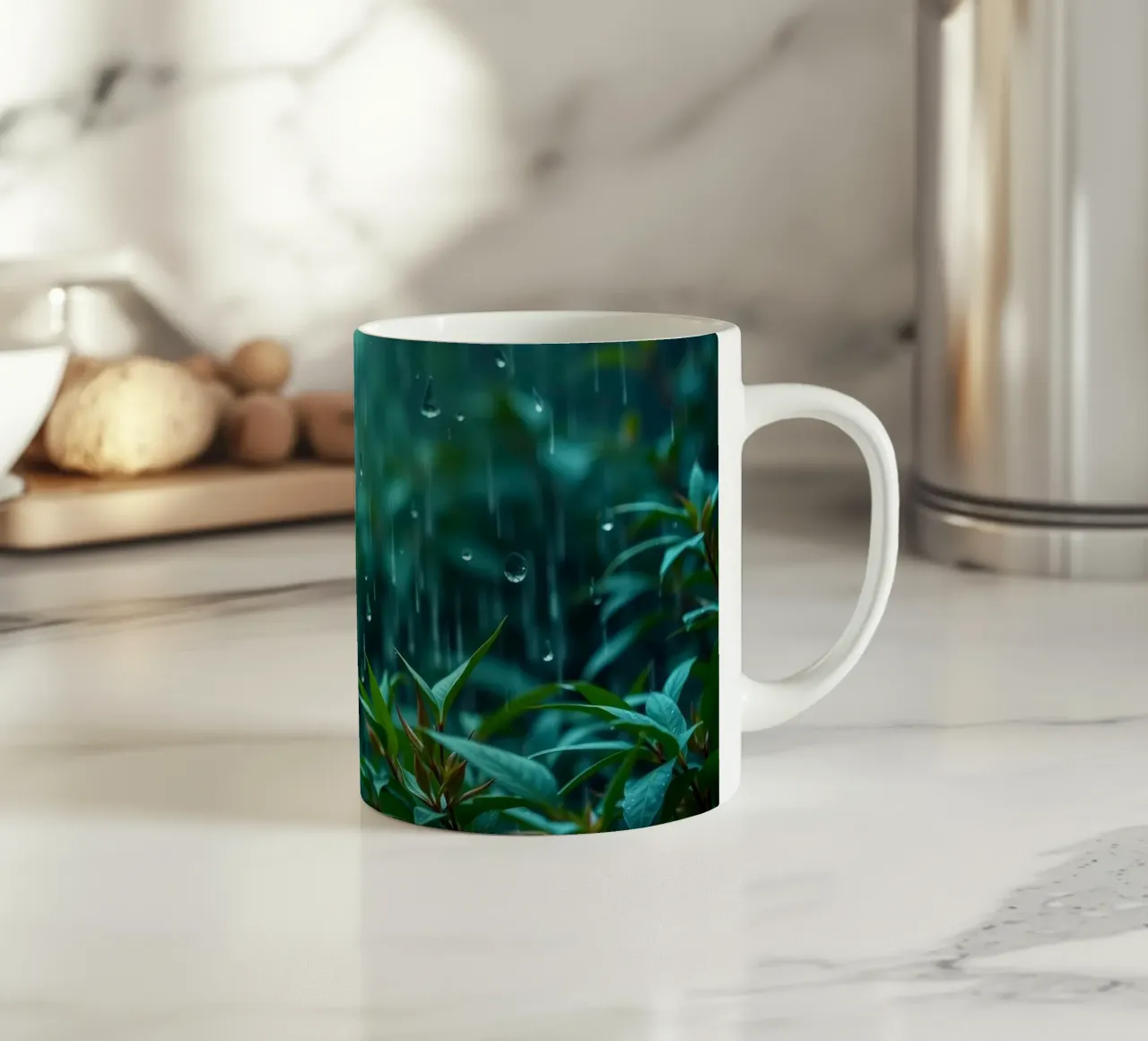 La pioggia cade dolcemente sulle foglie verdi di un giardino lussureggiante tazza in ceramica da DesignDoodle