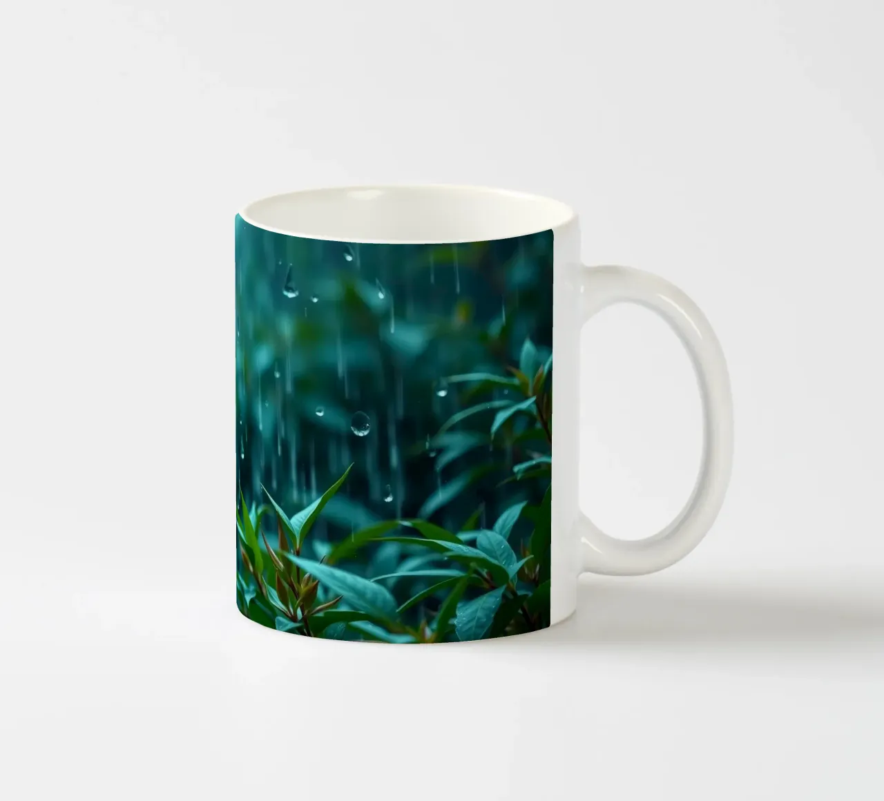La pioggia cade dolcemente sulle foglie verdi di un giardino lussureggiante tazza in ceramica da DesignDoodle