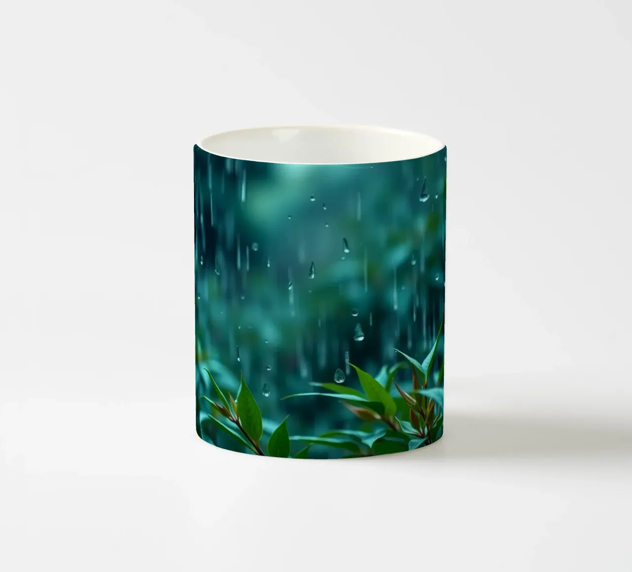 La pioggia cade dolcemente sulle foglie verdi di un giardino lussureggiante tazza in ceramica da DesignDoodle