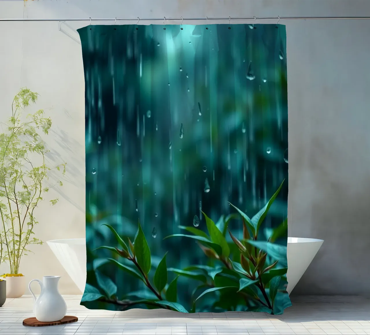 Sanfter Regen fällt sanft auf grüne Blätter in einem üppigen Garten Duschvorhang von DesignDoodle