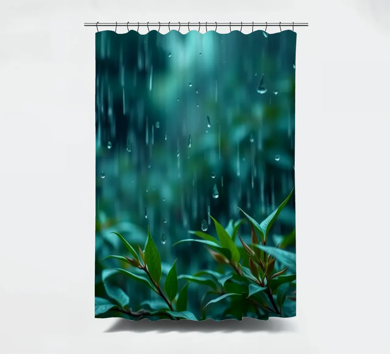 Sanfter Regen fällt sanft auf grüne Blätter in einem üppigen Garten Duschvorhang von DesignDoodle