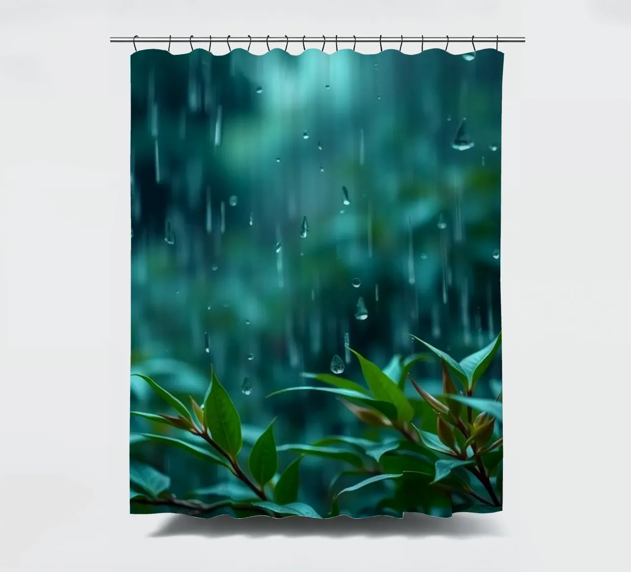 Sanfter Regen fällt sanft auf grüne Blätter in einem üppigen Garten Duschvorhang von DesignDoodle
