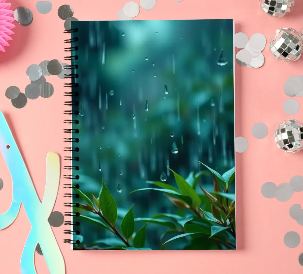 Une pluie douce tombe sur les feuilles vertes d'un jardin luxuriant. carnet à spirale de DesignDoodle
