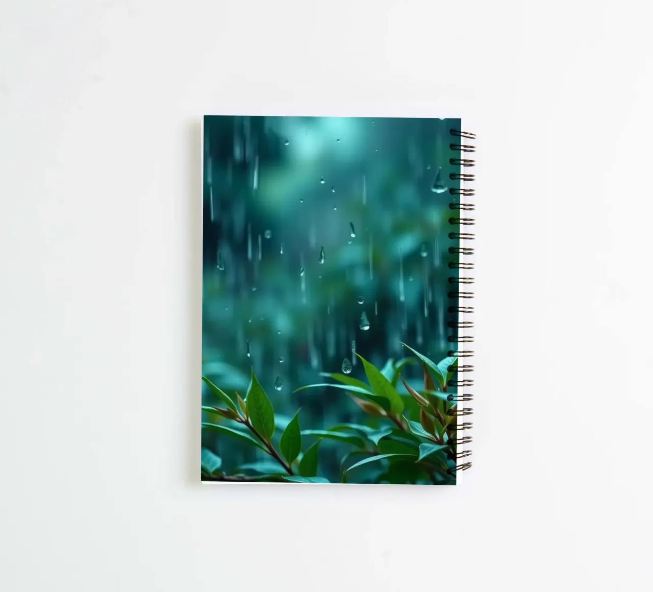 Une pluie douce tombe sur les feuilles vertes d'un jardin luxuriant. carnet à spirale de DesignDoodle