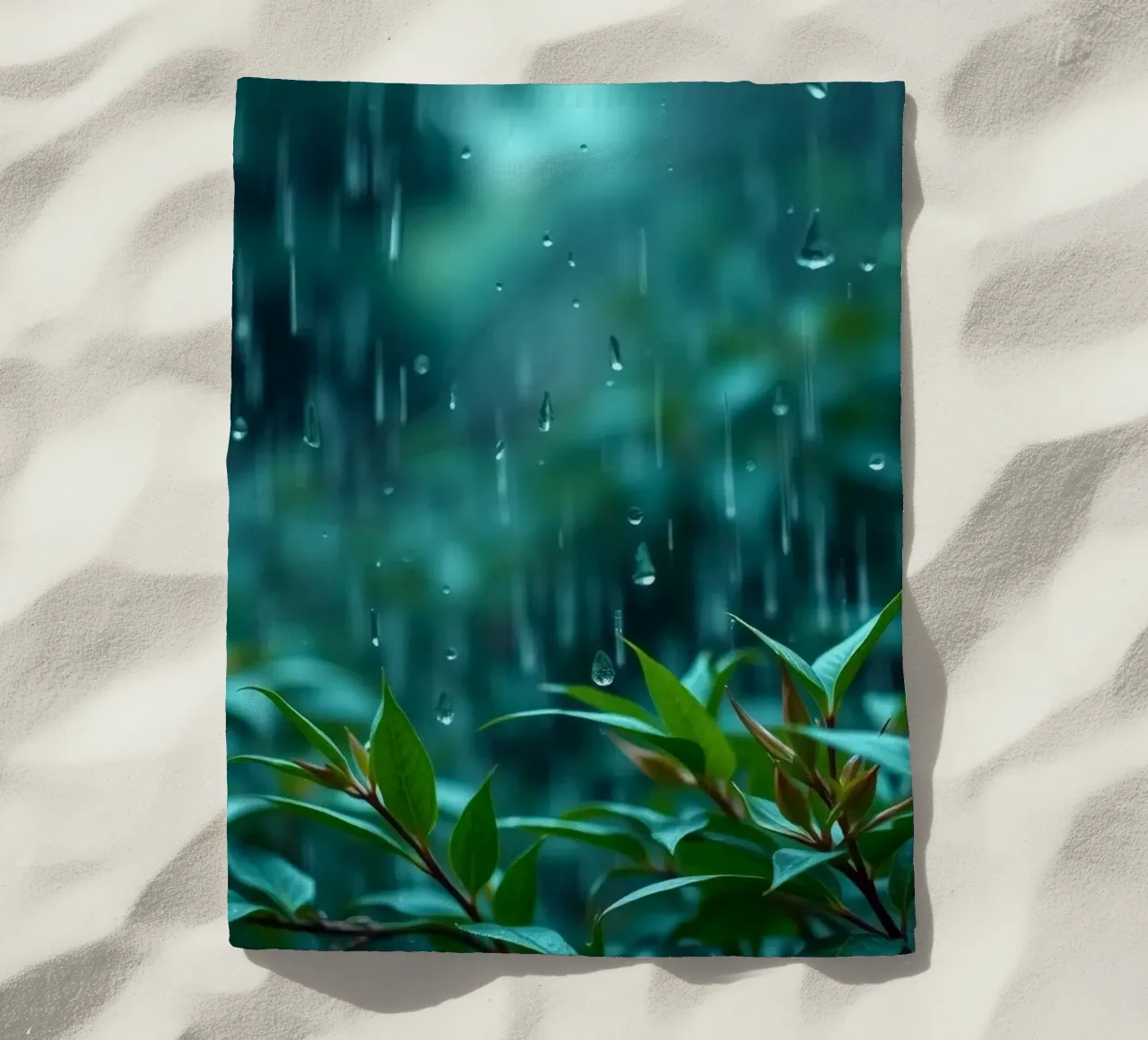 Une pluie douce tombe sur les feuilles vertes d'un jardin luxuriant. serviette de plage de DesignDoodle