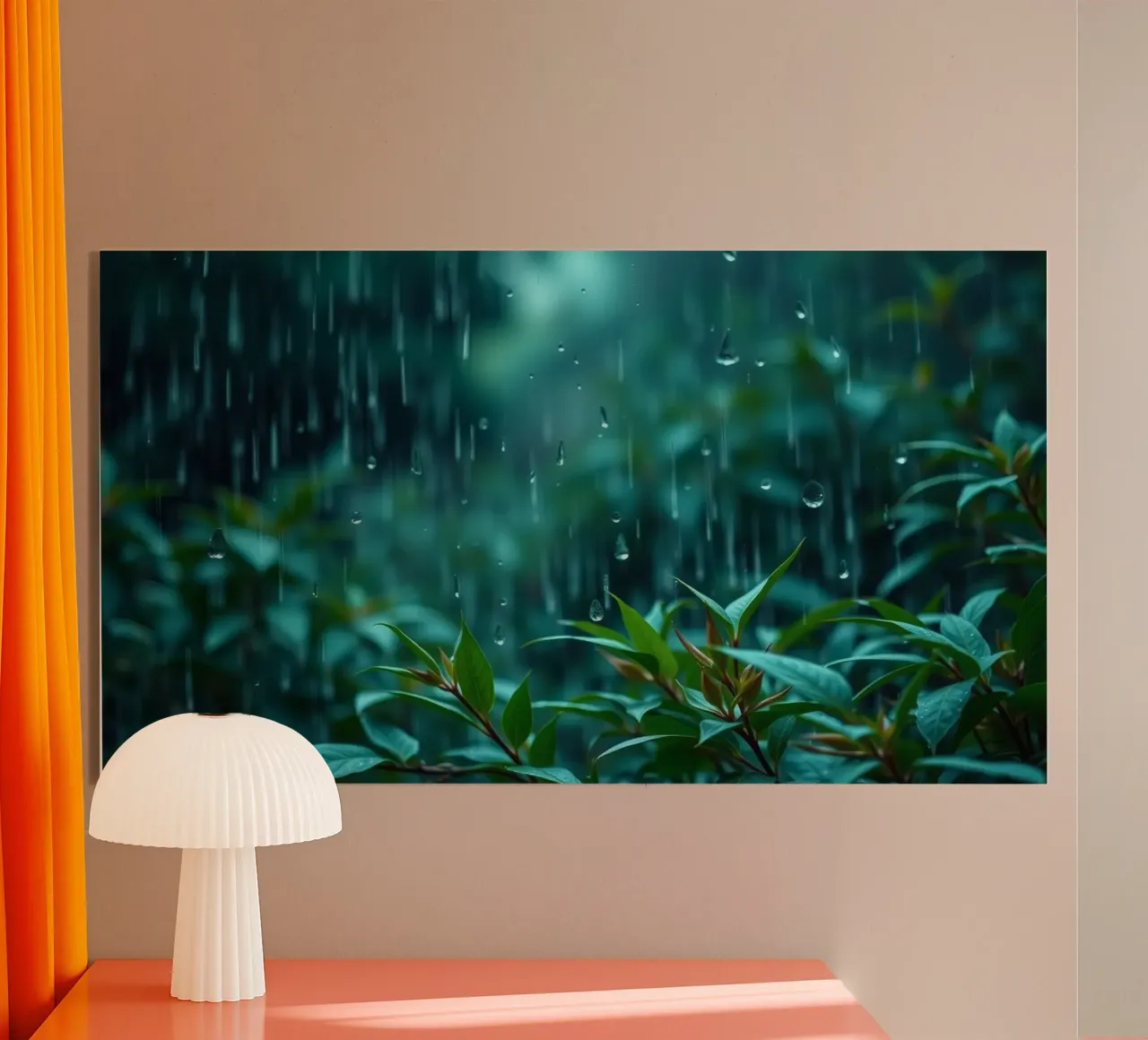 Una suave lluvia cae suavemente sobre las hojas verdes de un exuberante jardín metacrilato de DesignDoodle