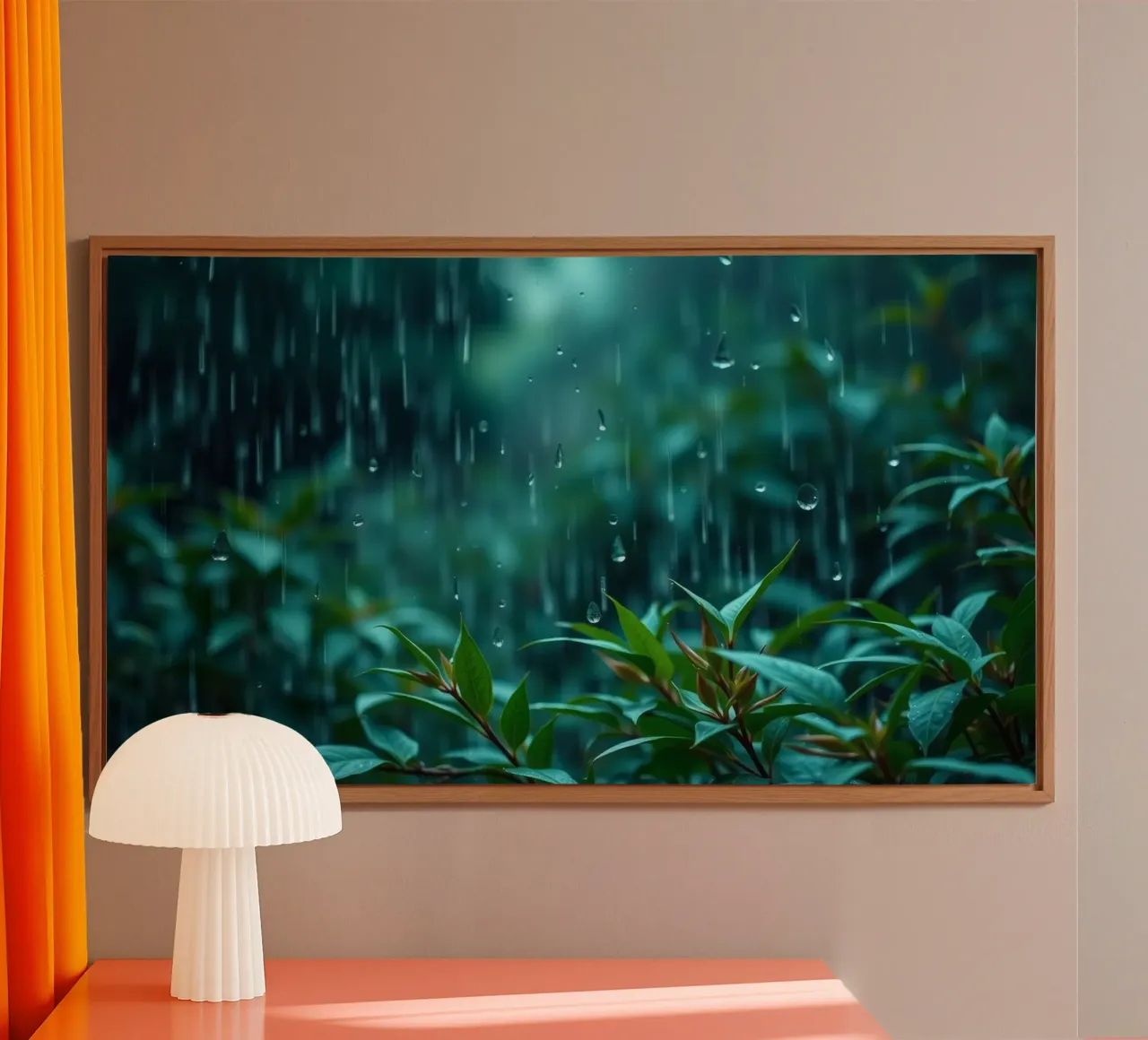 Una suave lluvia cae suavemente sobre las hojas verdes de un exuberante jardín aluminio dibond de DesignDoodle