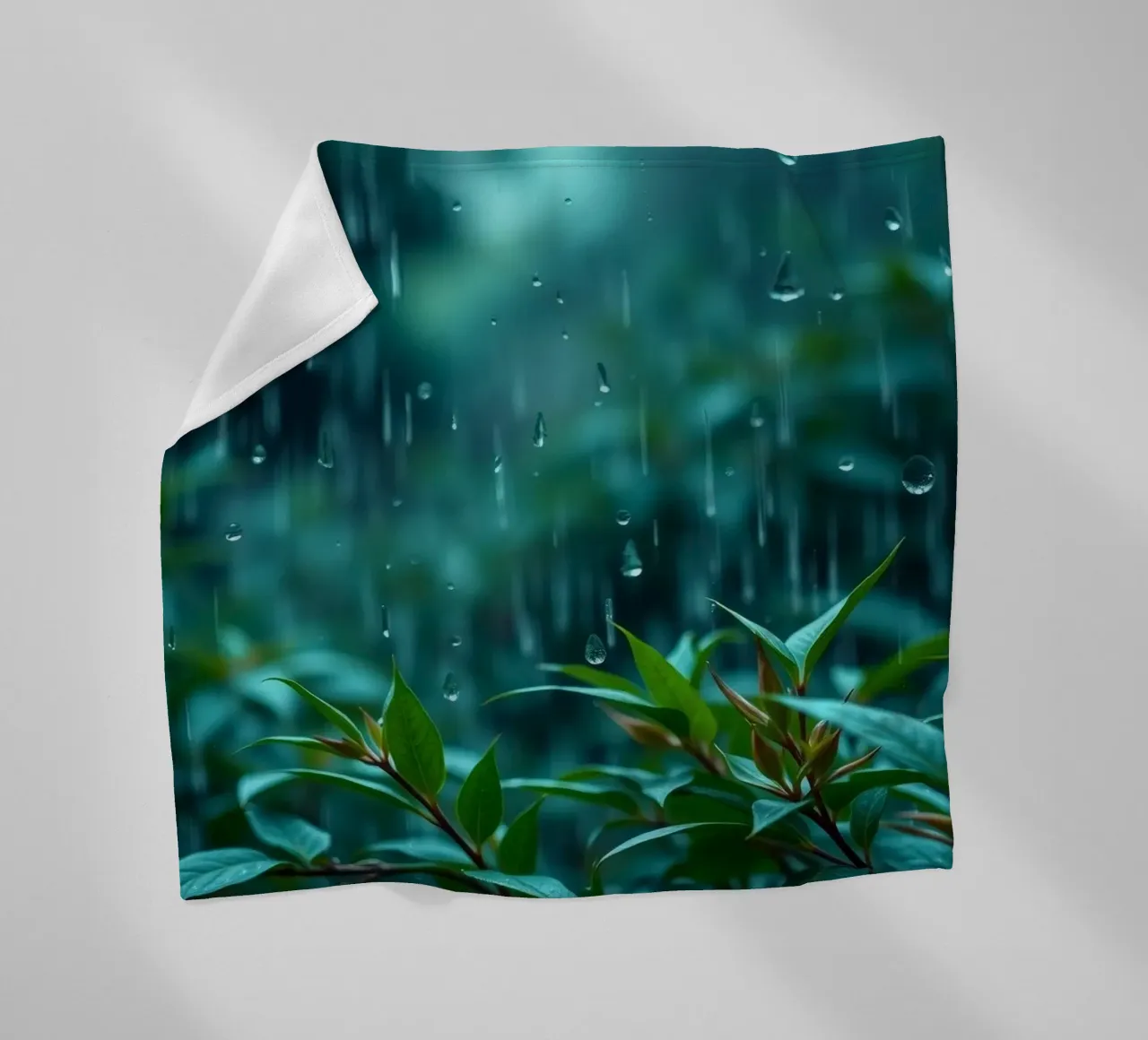 La pioggia cade dolcemente sulle foglie verdi di un giardino lussureggiante coperta in pile da DesignDoodle