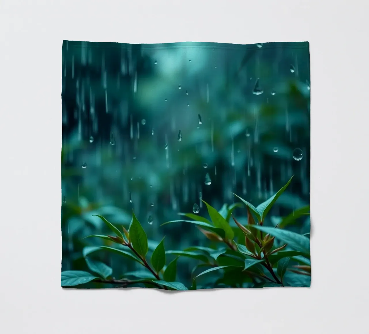 La pioggia cade dolcemente sulle foglie verdi di un giardino lussureggiante coperta in pile da DesignDoodle