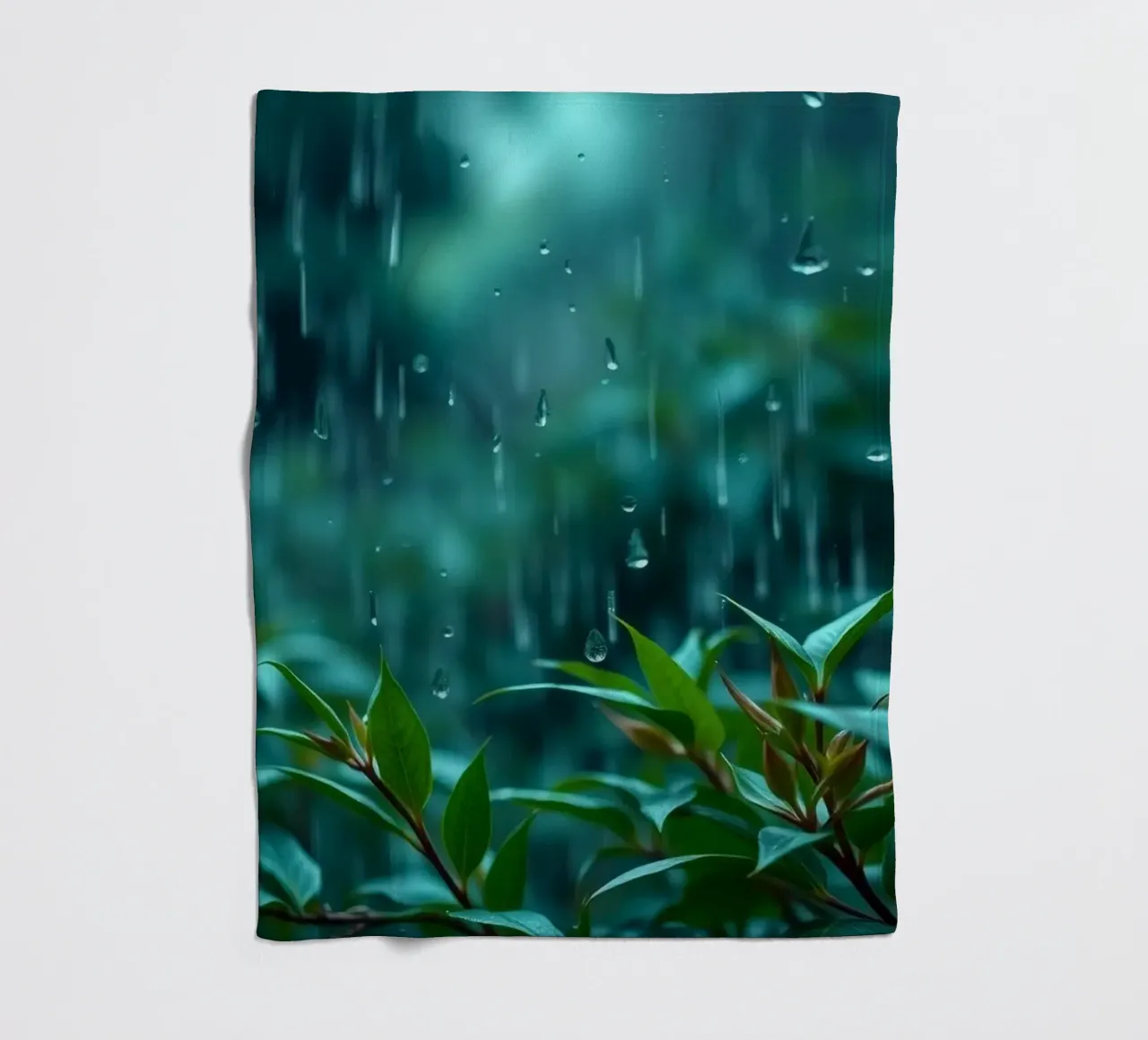 La pioggia cade dolcemente sulle foglie verdi di un giardino lussureggiante coperta in pile da DesignDoodle