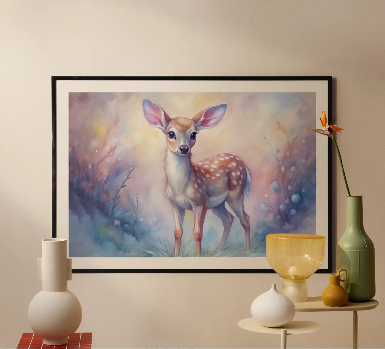 Cerbiatto in acquerello poster con telaio in legno da 🎁 ARTVI-SHOP
