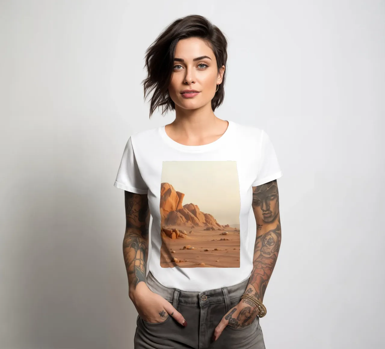 Expansive desert landscape featuring unique rock formations women's fitted t-shirt by DesignDoodle