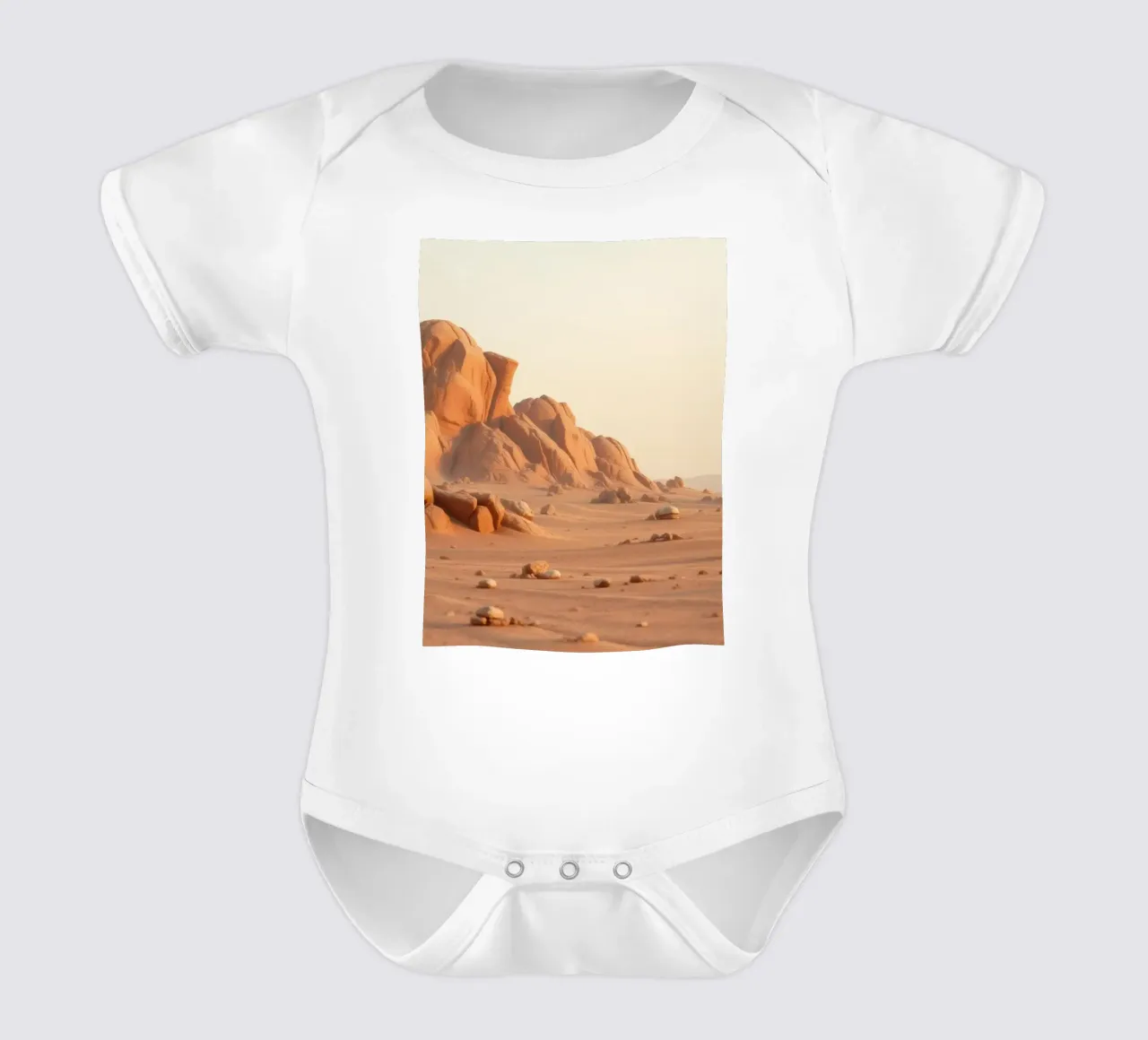 Expansive desert landscape featuring unique rock formations short-sleeve baby romper by DesignDoodle