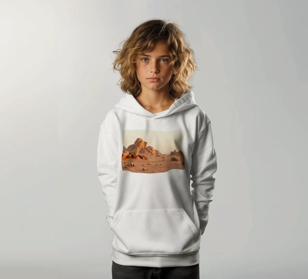 Expansive desert landscape featuring unique rock formations kids hoodie by DesignDoodle