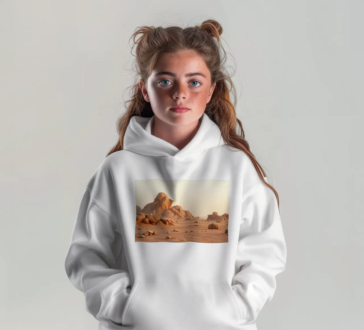 Expansive desert landscape featuring unique rock formations kids hoodie by DesignDoodle