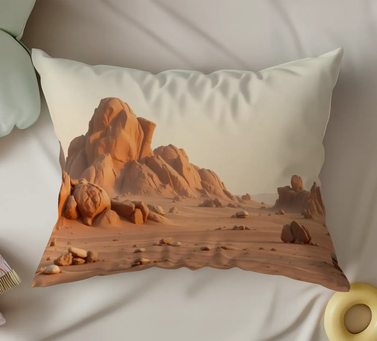 Un vaste paysage désertique avec des formations rocheuses uniques coussin de DesignDoodle